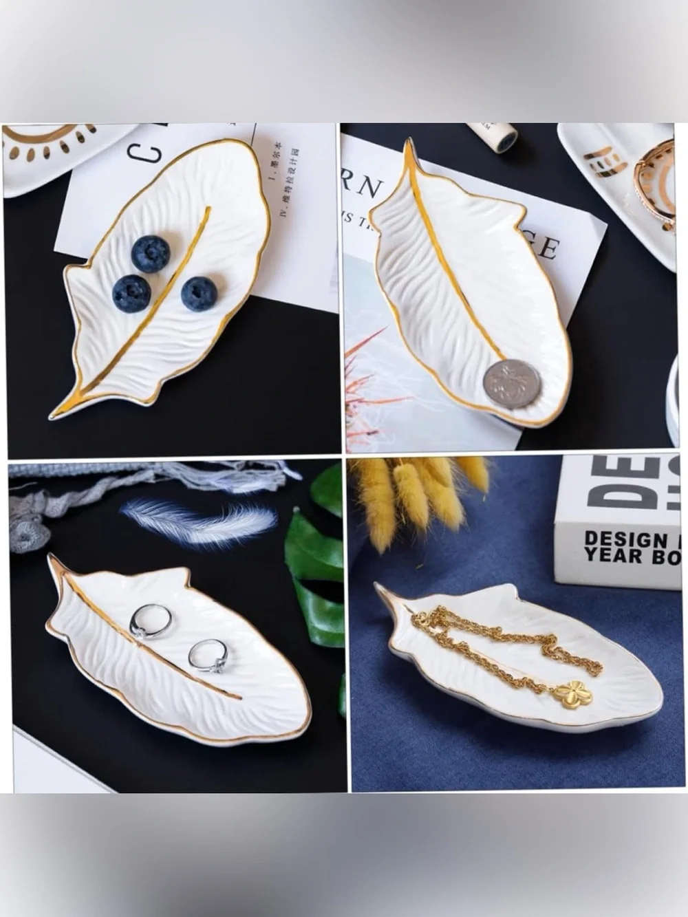 White Ceramic Feather Trinket Dish with Gold Edge. New in box! 8 available